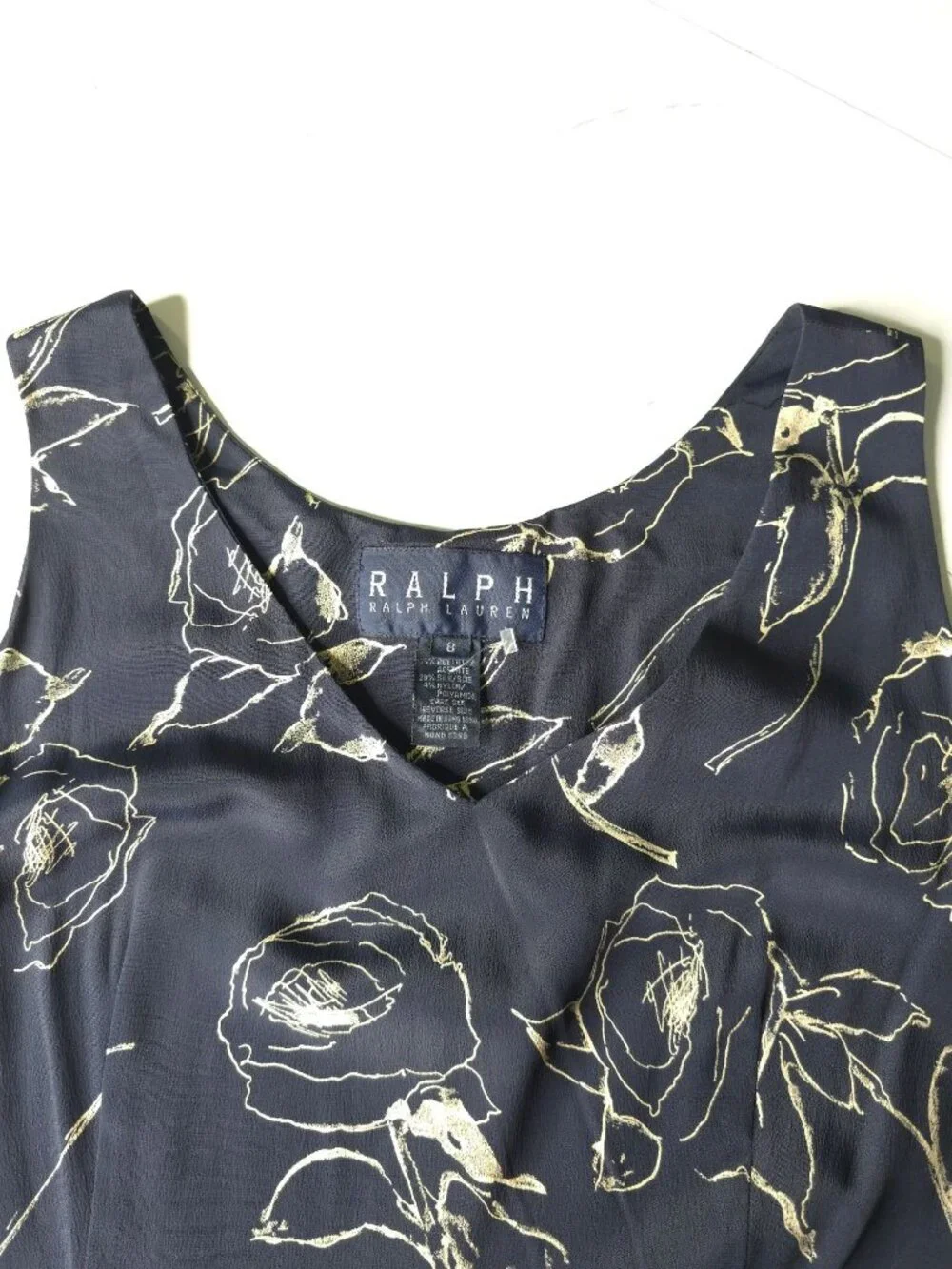 Ralph Lauren Navy Floral Sleeveless Dress Size 8 V-Neck 76% Acetate 20% Silk 4% - Picture 12 of 15
